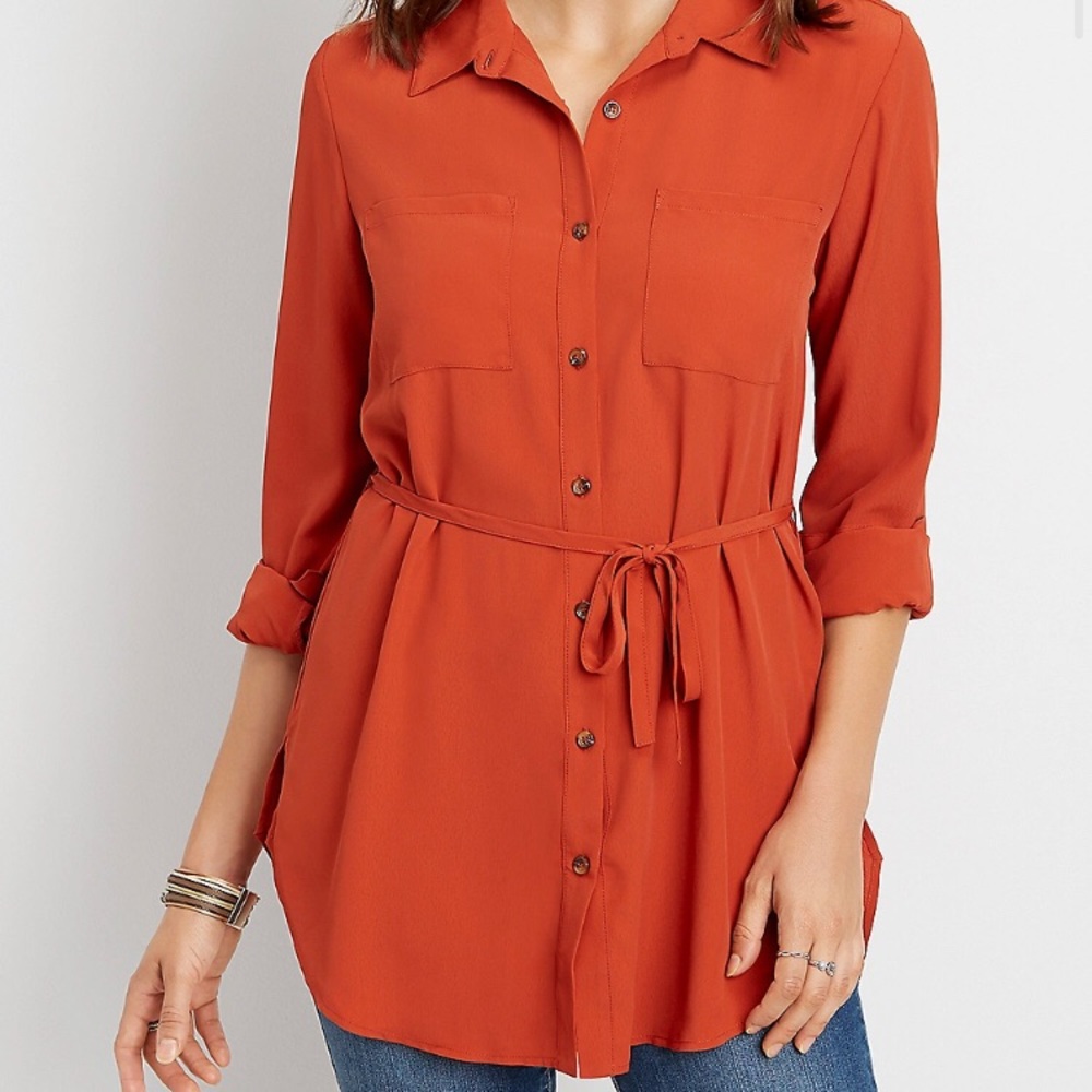 ISO Maurices Long Sleeve Tie Waist Tunic Blouse